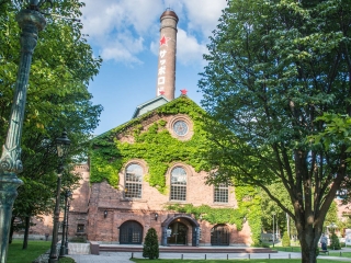 sapporo beer factory in the trees on a summer day